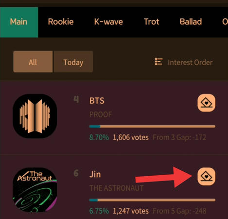 3. Jin is nominated under Main Category, press the white square button at the right corner next to Jin's name