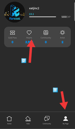 1. After purchasing hearts, go to your profile page, the last icon at the right corner of the homepage. 2. Go to Hearts tab, see photo above.